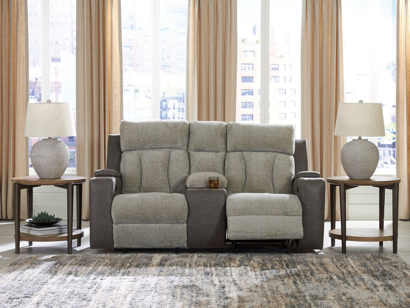 WhipLash - Power Reclining Loveseat With Console / Adj Headrest - Sisal - R&R Furniture Gallery (Fountain Valley, CA)