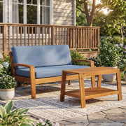 2 Piece Outdoor Conversation Set (Loveseat & Coffee Table With Water-Resistant Cushions) - Blue / Teak - R&R Furniture Gallery (Fountain Valley, CA)