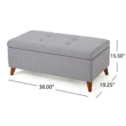 Noble House Kinetics upholstered storage ottoman with lift-top, button-tufted light gray fabric, versatile seating and storage.