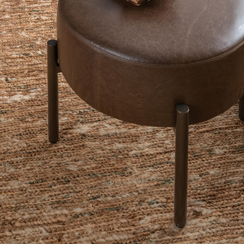 Classic Home Aimie accent stool with a woven fabric seat and wooden legs, ideal for living room or entryway decor.
