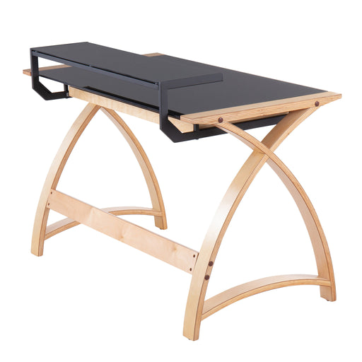 Lumi Source Bentley mid-century modern office desk with natural wood top and black lift top, stylish lift top desk for home office.