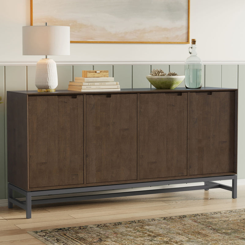 Modern industrial wooden sideboard with metal frame by Simpli-Home, featuring storage for dining room or living space.