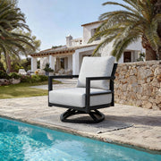Outdoor swivel lounge chair with Sunbrella cushion in Ember Black, weather-resistant design by Life Outside.