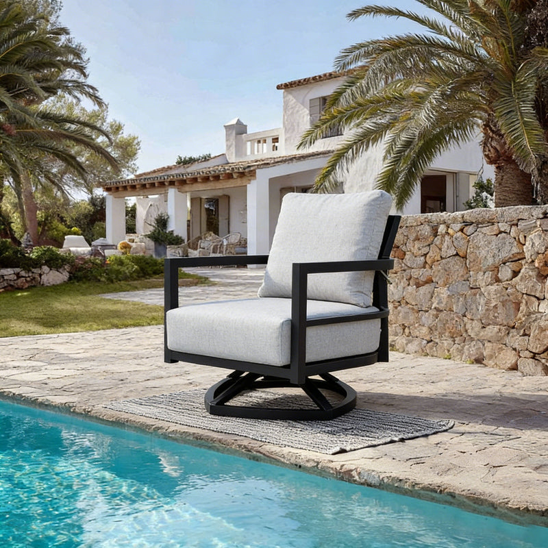 Outdoor swivel lounge chair with Sunbrella cushion in Ember Black, weather-resistant design by Life Outside.