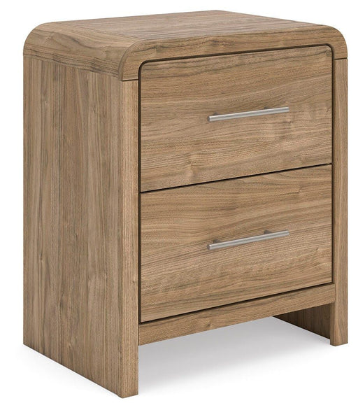 Warm natural brown two-drawer nightstand by Signature Design with charging stations, featuring a sleek, modern design and storage drawers.