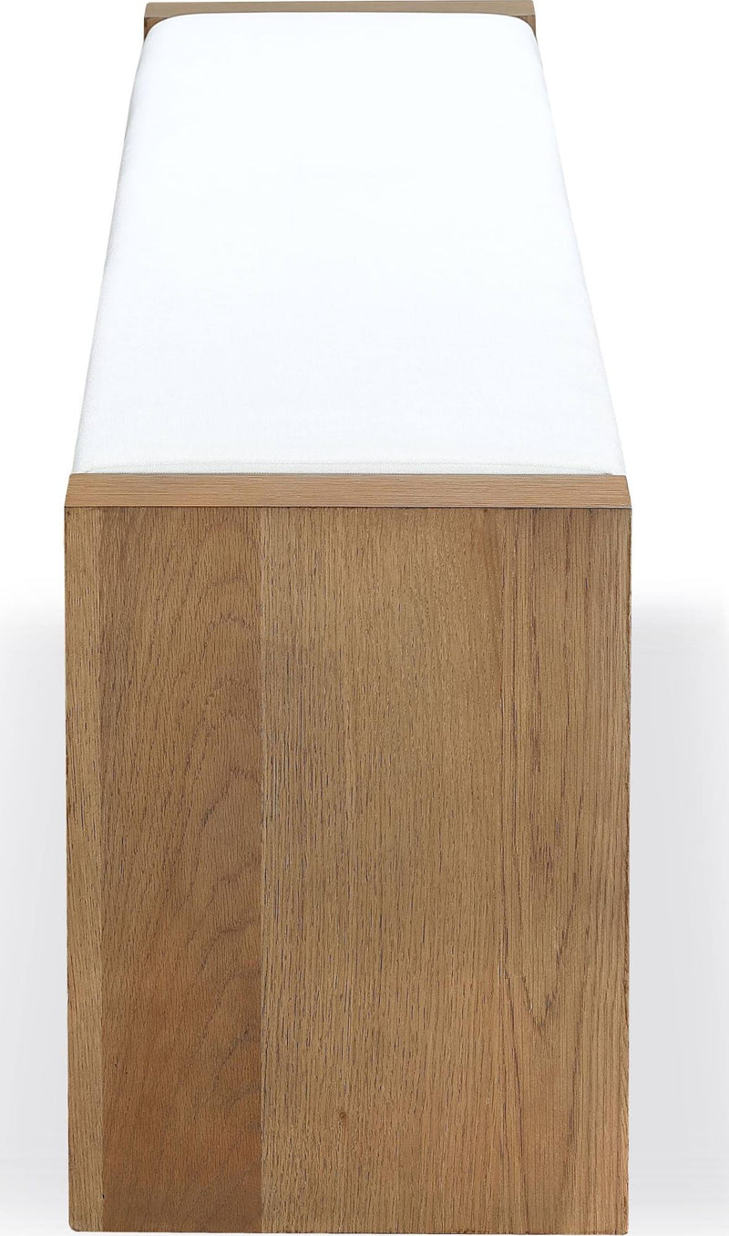 One Modern Coastal Slab Leg Upholstered Dining Bench in White Oak and White Pearl