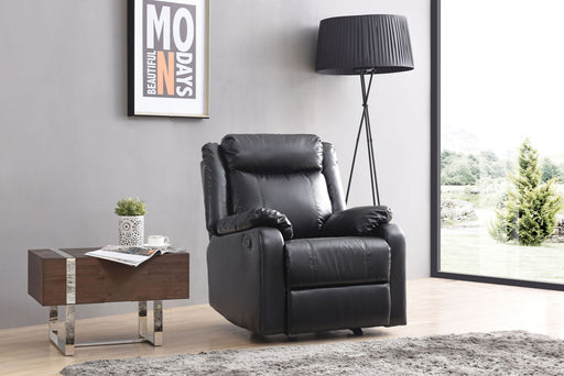Glory Furniture Ward rocker recliner in neutral fabric, showcasing plush cushioning and a comfortable curved armrest.