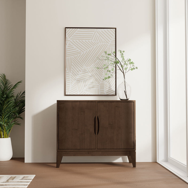 Simpli-Home Harper walnut brown 2-door sideboard buffet with sleek wood finish and modern design, ideal for dining or living rooms.
