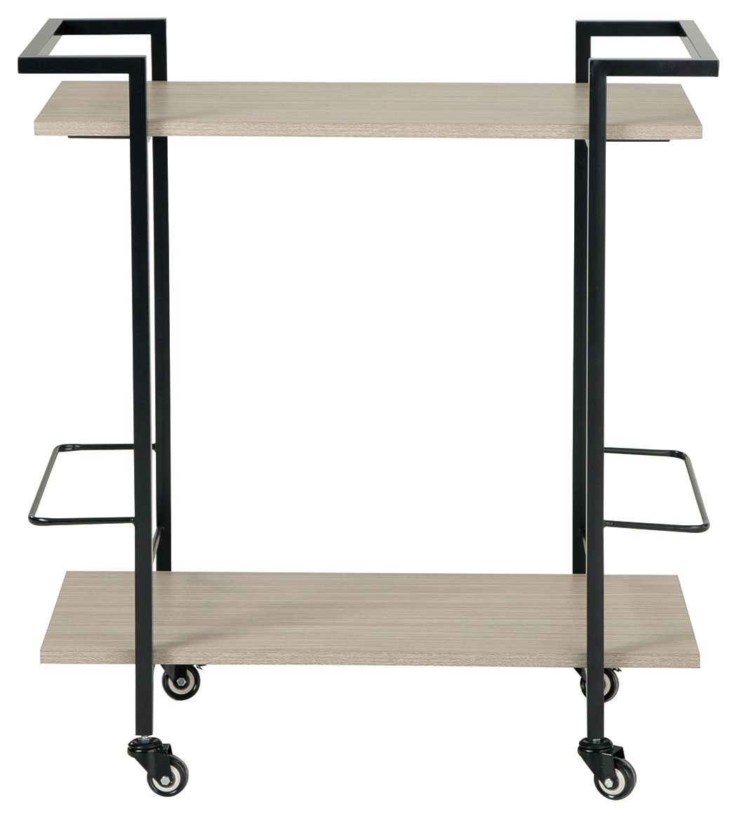 Signature Design by Ashley Waylowe bar cart with metal frame, two shelves, and casters for easy mobility.