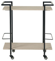 Signature Design by Ashley Waylowe bar cart with metal frame, two shelves, and casters for easy mobility.