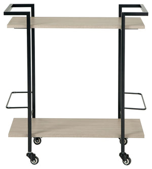 Signature Design by Ashley Waylowe bar cart with metal frame, two shelves, and casters for easy mobility.