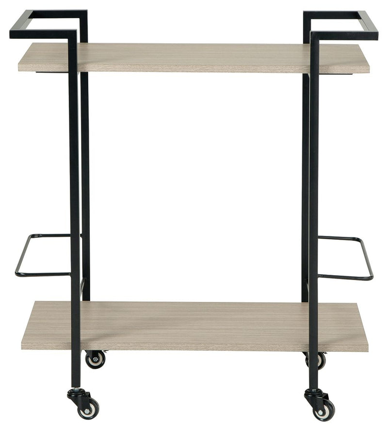 Signature Design by Ashley Waylowe bar cart with metal frame, two shelves, and casters for easy mobility.