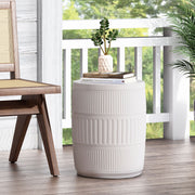 Antique white outdoor patio end table by Noble House with a square top and decorative metal legs.