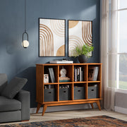 Simpli-Home Draper handcrafted low bookcase with cube organizers, featuring multiple open compartments for storage and display.