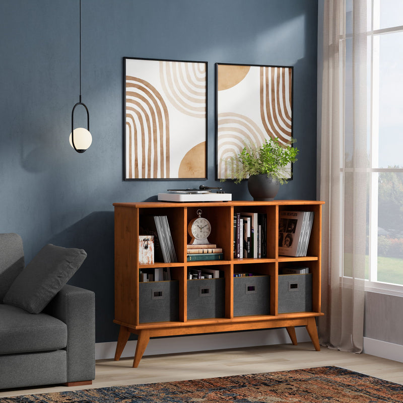 Simpli-Home Draper handcrafted low bookcase with cube organizers, featuring multiple open compartments for storage and display.