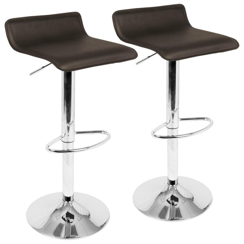 Set of two Lumi Source Ale contemporary adjustable barstools with sleek design and wooden seats showing in the image.