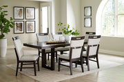 Neymorton 7-piece dining set with rectangular extension table and six dark grayish brown side chairs by Signature Design Ashley.