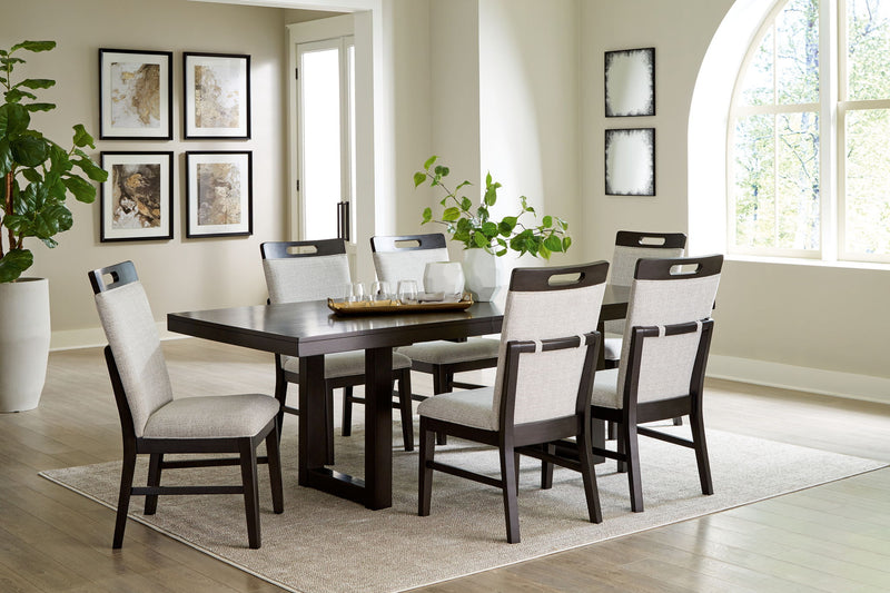 Neymorton 7-piece dining set with rectangular extension table and six dark grayish brown side chairs by Signature Design Ashley.
