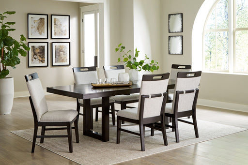 Neymorton 7-piece dining set with rectangular extension table and six dark grayish brown side chairs by Signature Design Ashley.