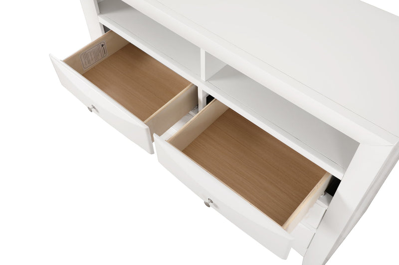 Glory Furniture Marilla media chest with wood finish, featuring multiple drawers and open storage compartments.