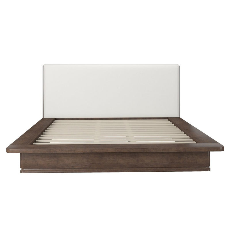 ACME Zoey upholstered bed with a padded headboard and fabric upholstery, shown in a modern bedroom setting.