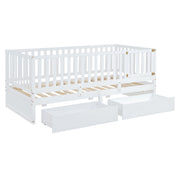 DreamHaus storage daybed with fence guardrails and two drawers, versatile split into a floor bed and daybed.