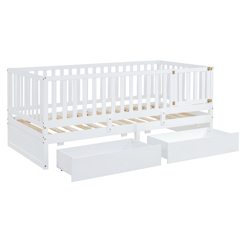DreamHaus storage daybed with fence guardrails and two drawers, versatile split into a floor bed and daybed.
