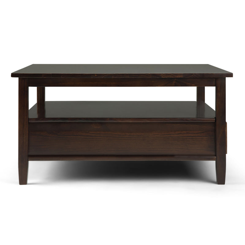 Square tobacco brown coffee table from Simpli-Home's Warm Shaker collection, featuring a sturdy wooden design.