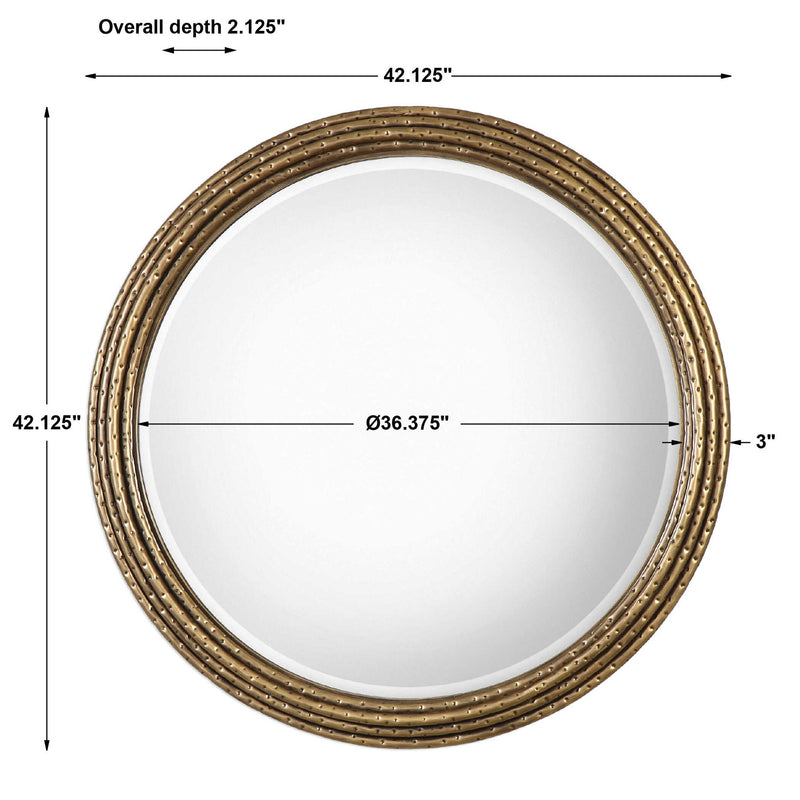 Gold round wall mirror by Uttermost with a sleek, modern frame, perfect for contemporary interior decor.