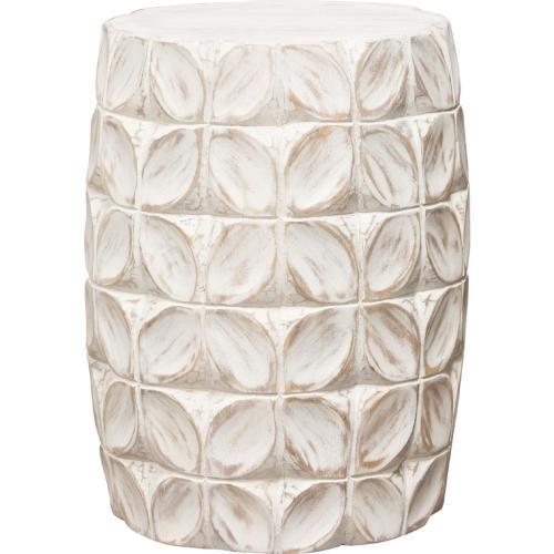 Fig Solid Mango Wood Accent Table in Distressed White Finish w/ Leaf Motif