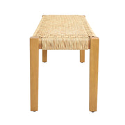 Noble House Angie outdoor bench with acacia wood frame and faux rattan seating in teak finish for garden or patio decor.