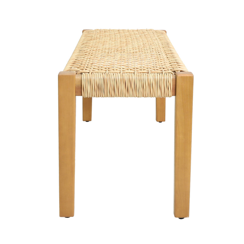 Noble House Angie outdoor bench with acacia wood frame and faux rattan seating in teak finish for garden or patio decor.