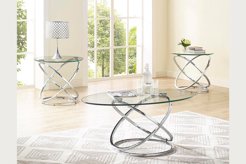 Set of two chrome cocktail tables from Bernards Furniture with sleek, modern design and round tabletops.