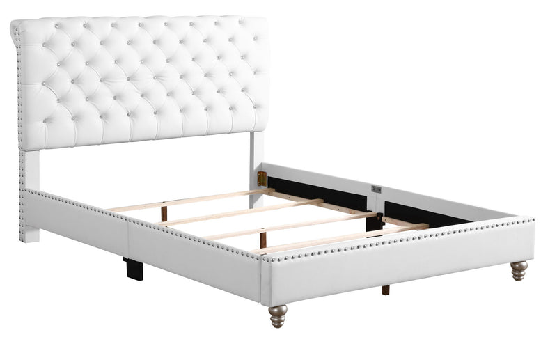 Elegant transitional upholstered bed by Glory Furniture featuring a plush headboard and sleek frame in a modern design.