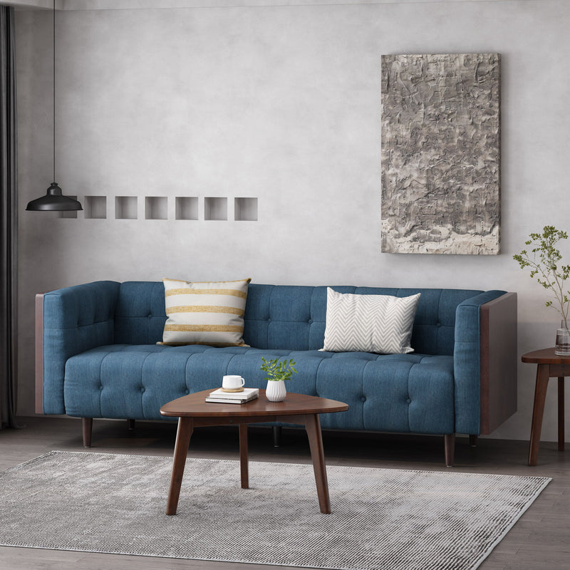 Contemporary Noble House mid-century 3-seater sofa with button tufted waffle stitching and sleek stationary design.