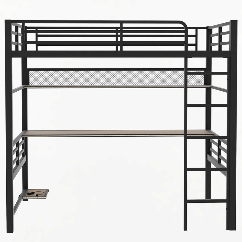 Full Size Loft Bed Frame With Storage Shelf And LED Light - Black