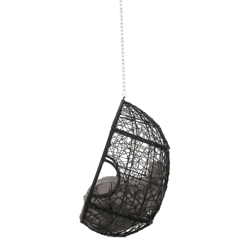 Noble House teardrop hanging chair with 8ft chain, cozy outdoor hammock seat with fabric cushion and sturdy frame.