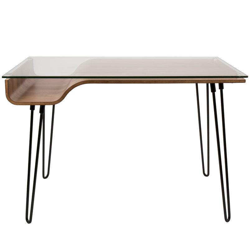 Lumi Source Avery mid-century modern walnut desk with clear and black accents, featuring a sleek writing desk design.