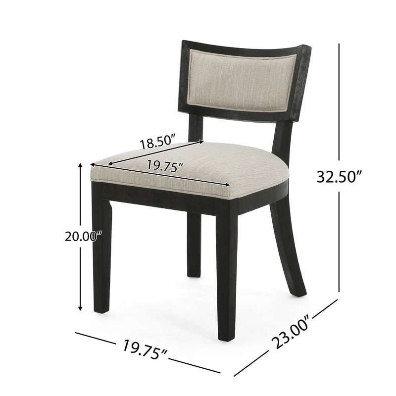 Set of two Noble House farmhouse style fabric upholstered side dining chairs with cushioned seats and rustic wooden legs.