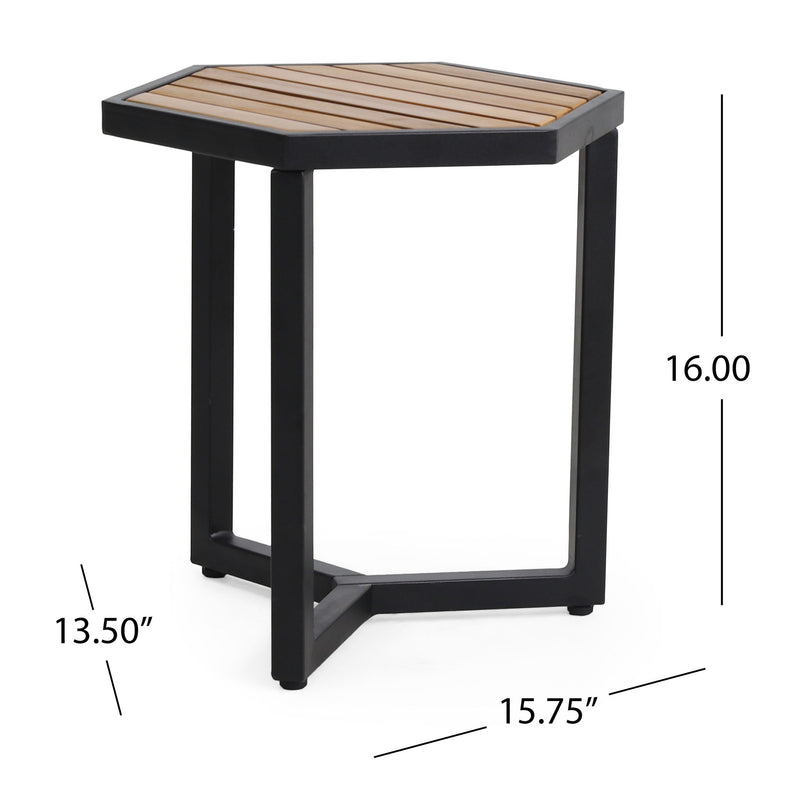 Noble House outdoor side table with iron base and slatted brown top, suitable for patio or garden decor.
