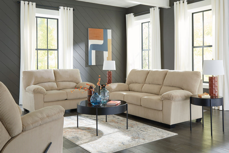 Signature Design by Ashley SimpleJoy living room set with stationary sofas and loveseats in a modern fabric, arranged in a cozy seating area.