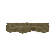 Classic Home Caplan 6-piece modular sectional with ottoman, showcasing beige fabric cushions and modern living room setup.