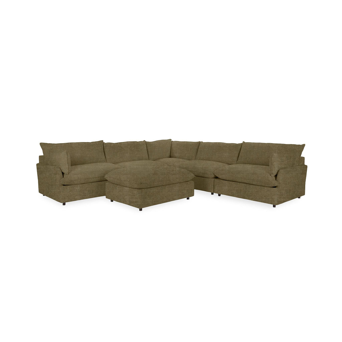 Classic Home Caplan 6-piece modular sectional with ottoman, showcasing beige fabric cushions and modern living room setup.