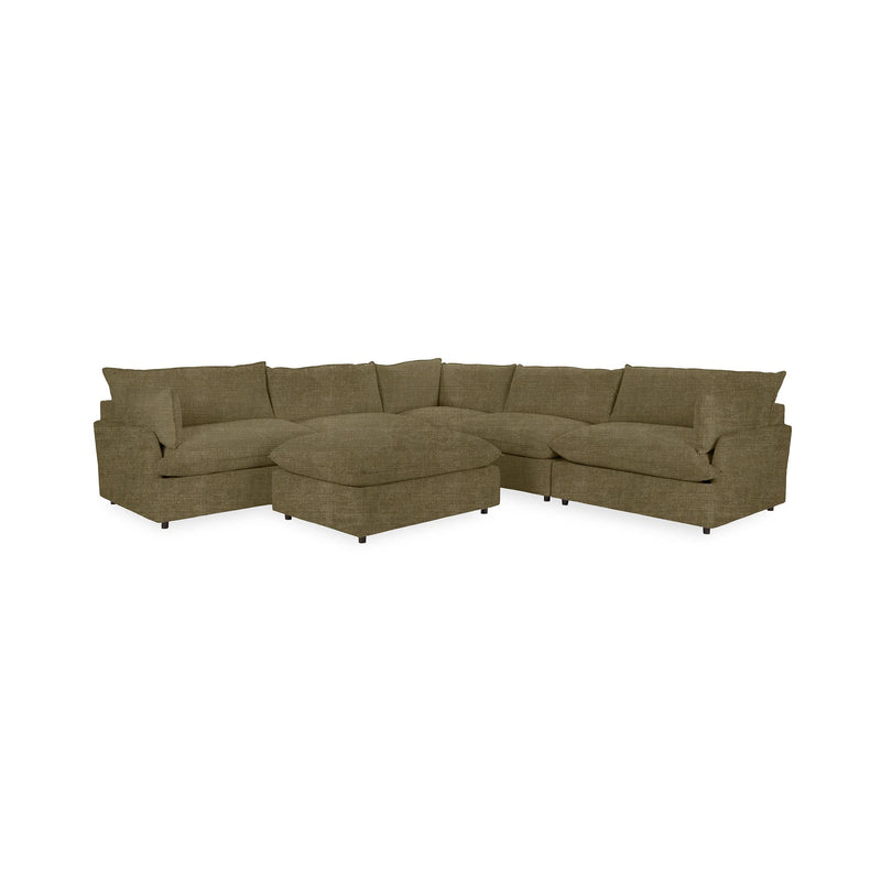 Classic Home Caplan 6-piece modular sectional with ottoman, showcasing beige fabric cushions and modern living room setup.
