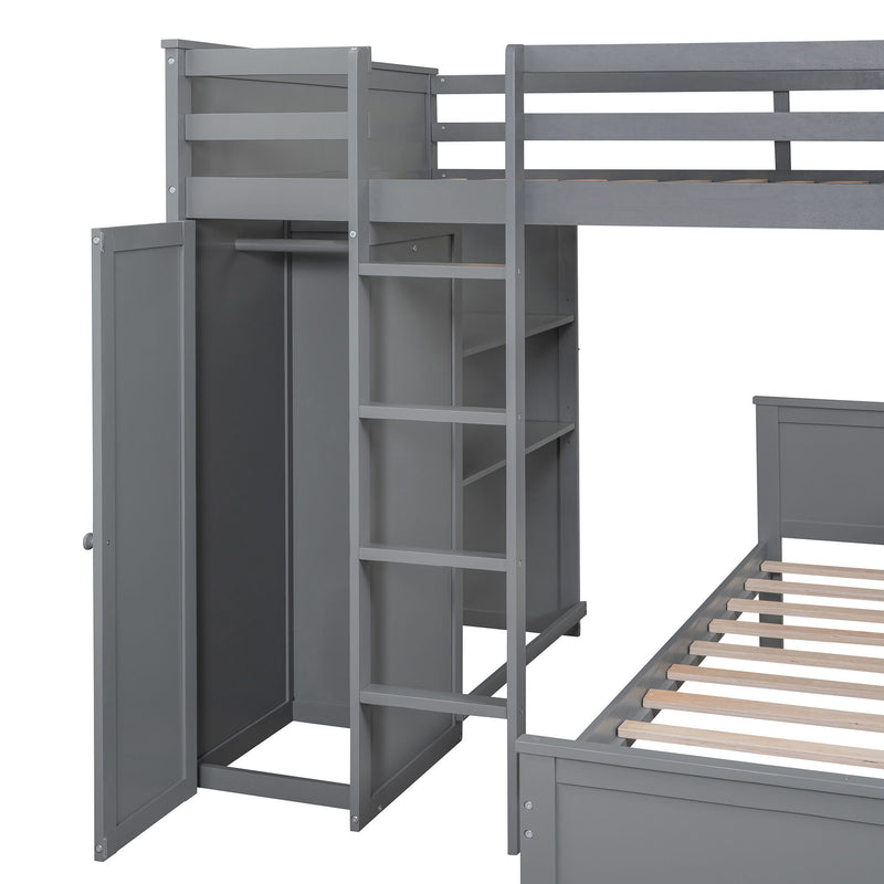 DreamHaus loft bed with twin standalone bed, shelves, desk, and wardrobe, showcasing a modern multi-functional bedroom setup.