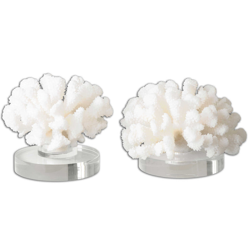White hard coral sculptures set of 2 by Uttermost, detailed textured coral-shaped figurines for home decor.