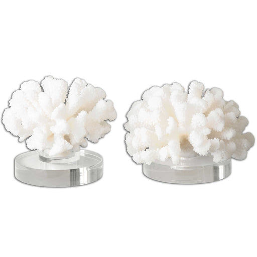 White hard coral sculptures set of 2 by Uttermost, detailed textured coral-shaped figurines for home decor.