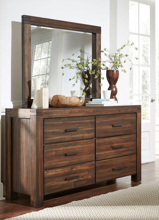 Modus Meadow solid wood mirror in brick brown with a sleek, standalone design and natural wood finish.