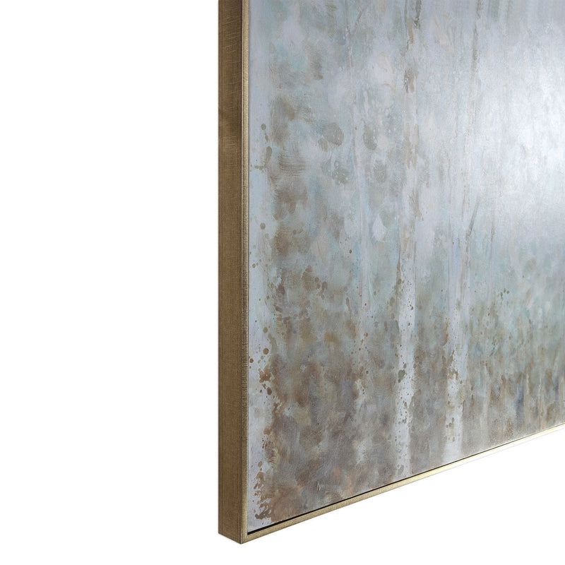 Hand painted light blue cotton woods canvas art by Uttermost, featuring a serene nature scene on a textured canvas.