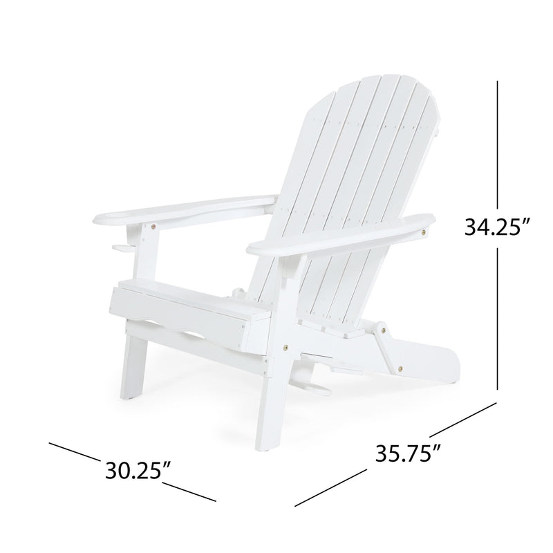 Noble House Zenithia outdoor foldable Adirondack arm chair with two built-in cup holders, made of durable wood in a natural finish.